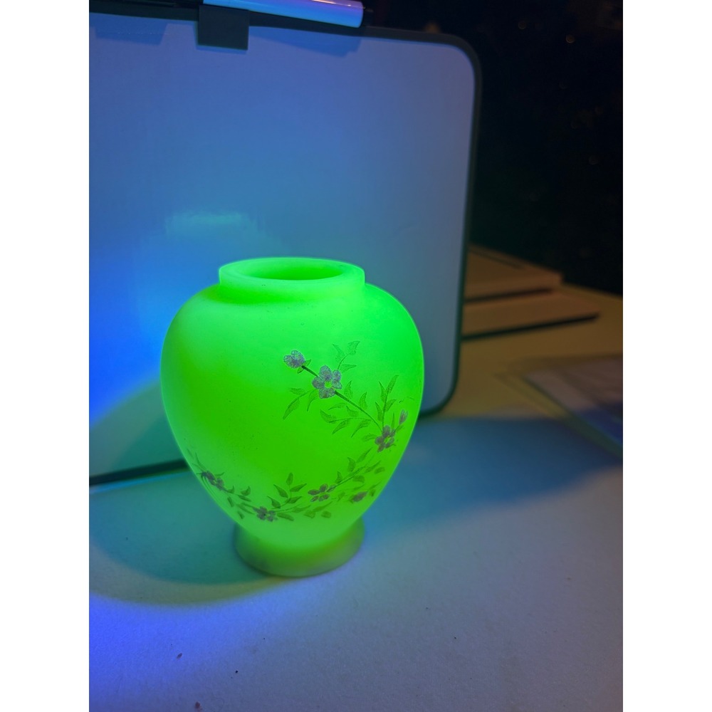 Fenton Custard Uranium Glass Hand Painted Floral Vase Signed Vintage Glows